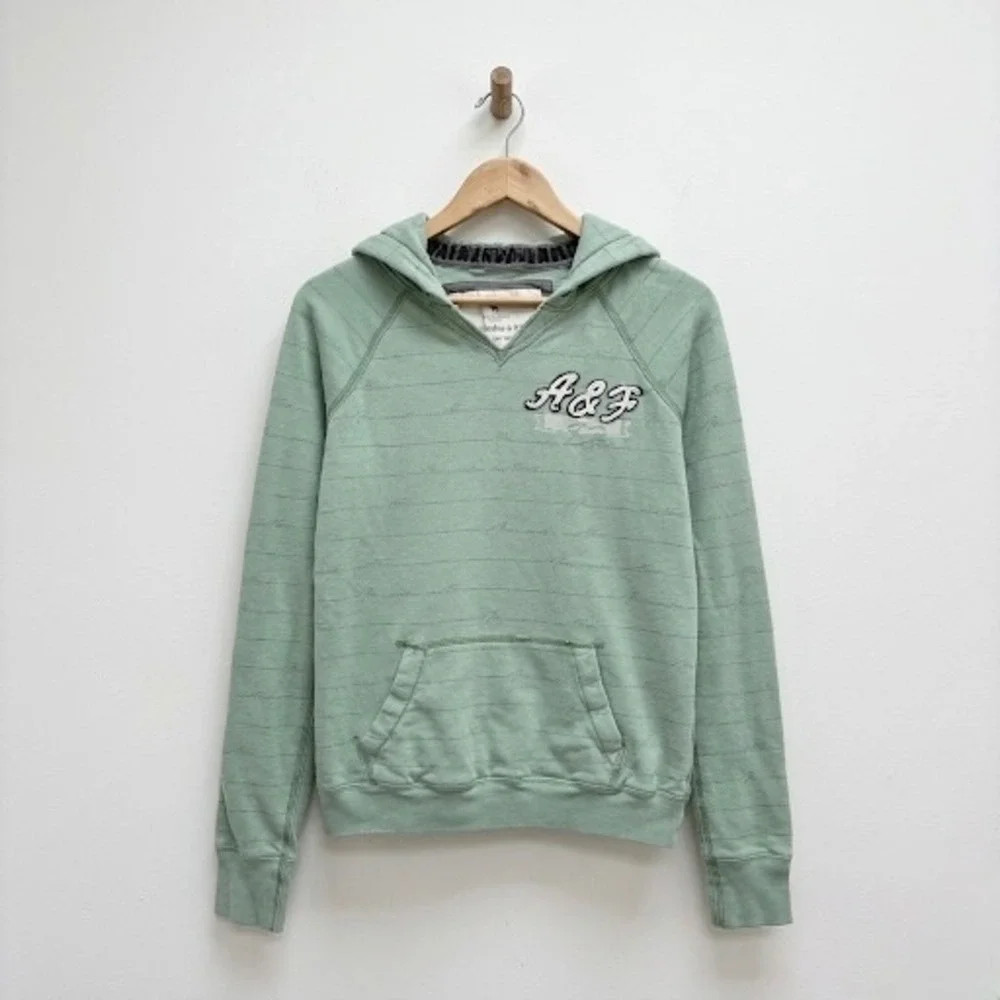 Abercrombie & Fitch Juniors Large Mint Green Script Stripe‎ Pullover Hoodie Y2K